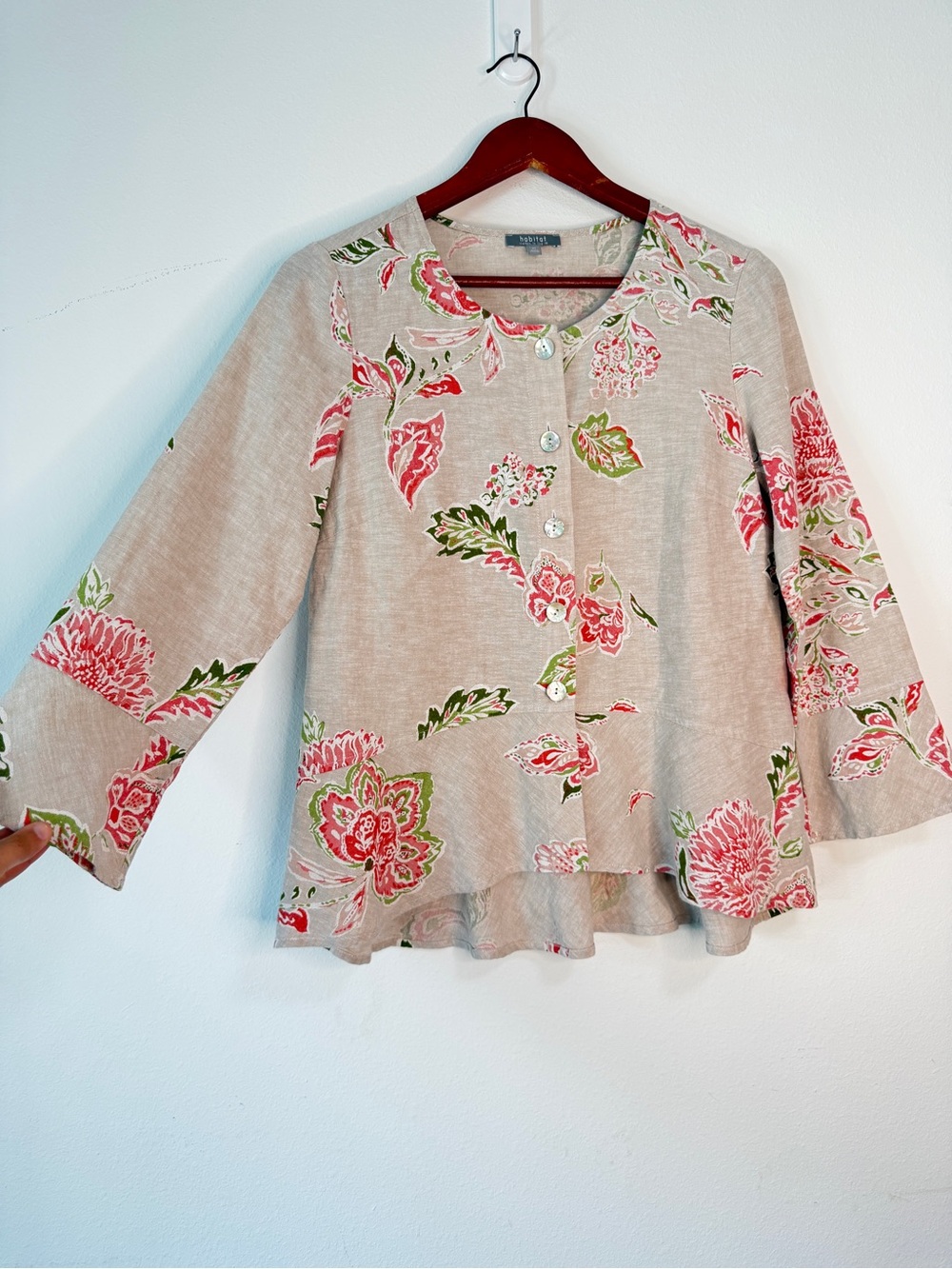 Habitat Linen Bloomer Ali Jacket Top Womens Oatmeal Tan Boho Floral Cottagecore